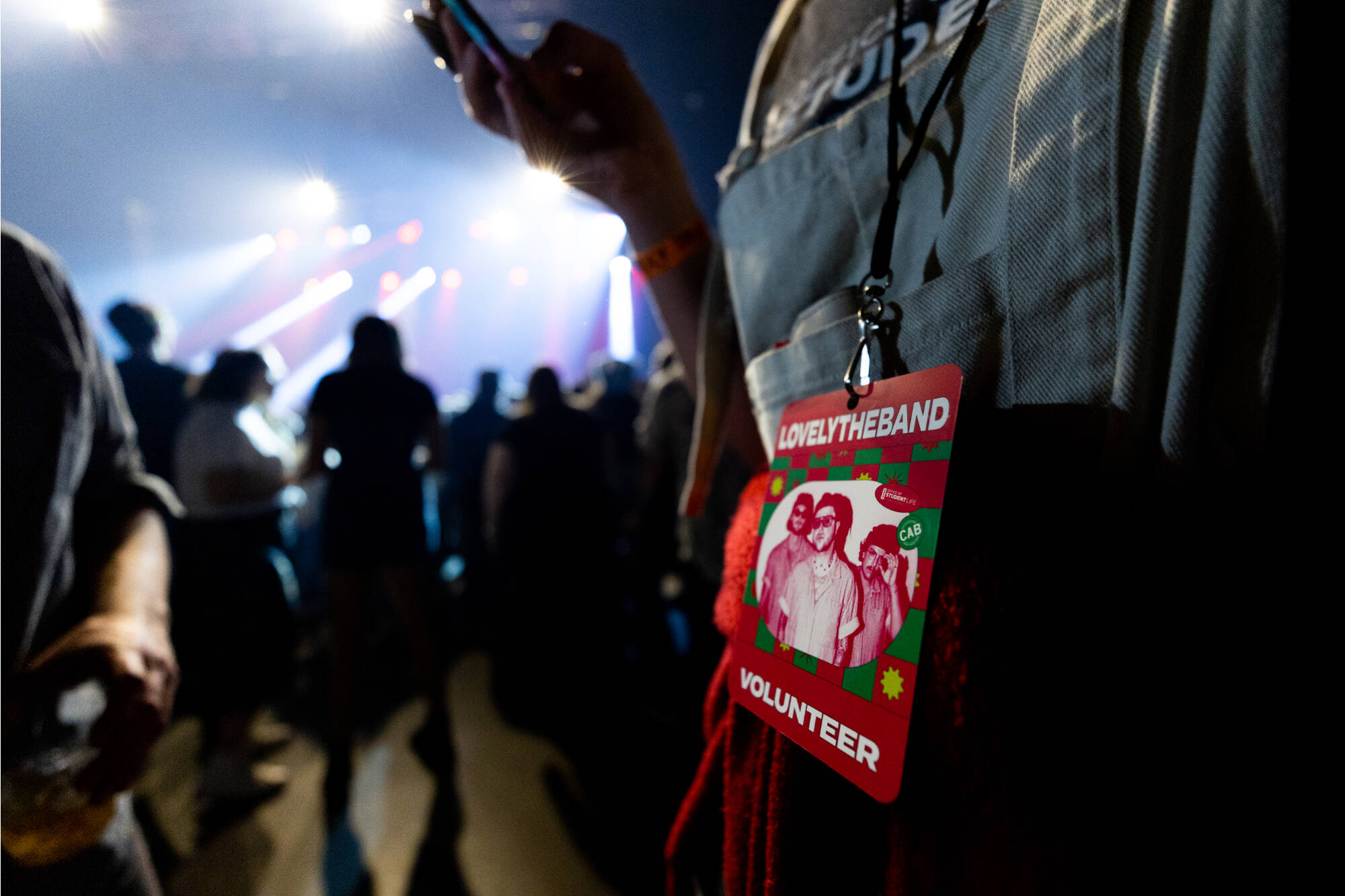 A person at a concert wearing a "Lovely the Band" lanyard